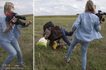 لگد زدن فیلم‌بردار زن مجارستانی به پدر و فرزند آواره سوری + تصاویر