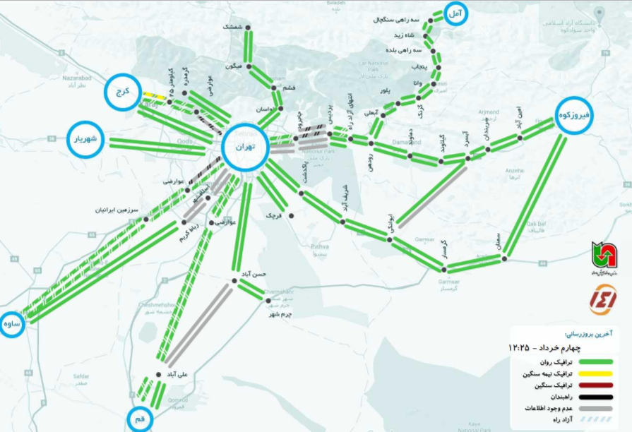 حرکت روان خودروها درمسیرهای منتهی به تهران+نقشه ترافیک