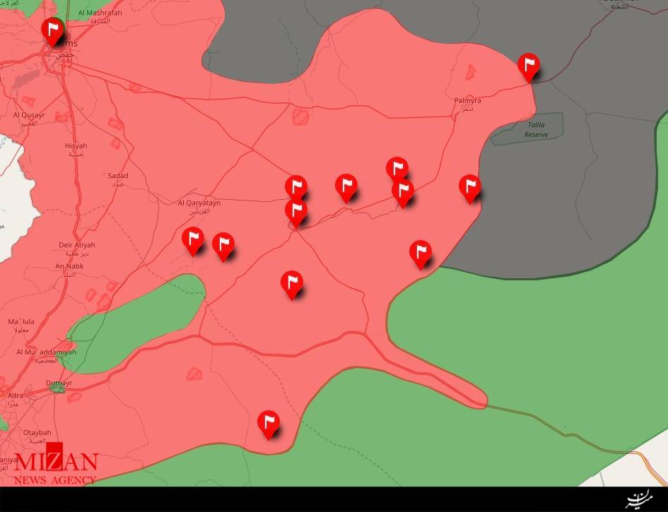 انهدام تجهیزات داعش در مسیر رقه/ بازگشابب تمامی جاده‌های مواصلاتی تدمر و دمشق