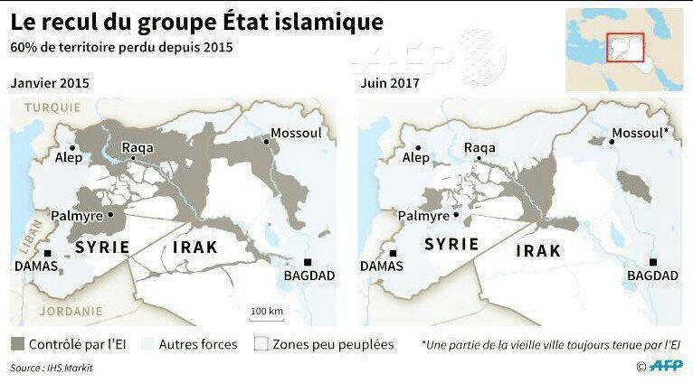 مقایسه مساحت مناطق تحت تسلط گروه تروریستی داعش در سوریه و عراق در ژانویه ۲۰۱۵ و ژوئن ۲۰۱۷ +عکس