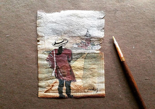 نقاشی یک هنرمند بر روی کیسه‌های چای فوری + تصاویر