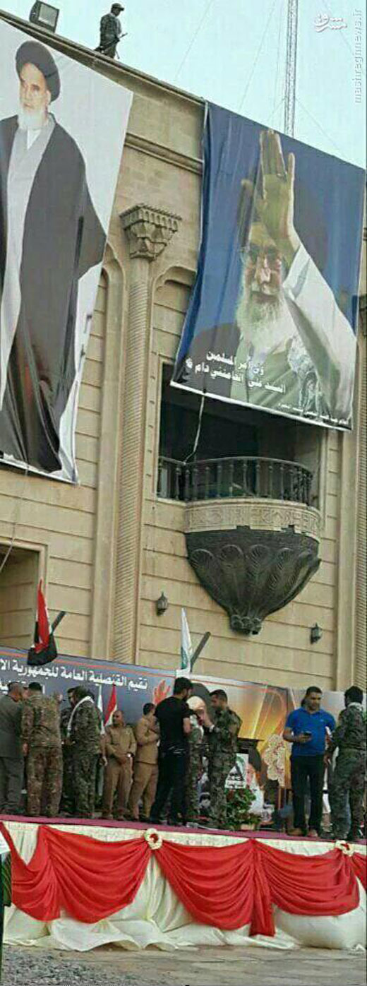 نصب عکس امام و رهبری بر بالکن کاخ صدام + عکس