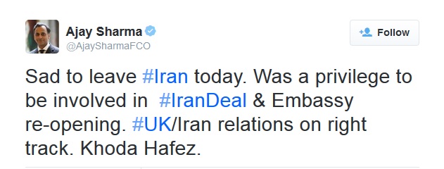کاردار سفارت انگلیس تهران را ترک کرد/ آجای شارما: خاحافظ! +عکس