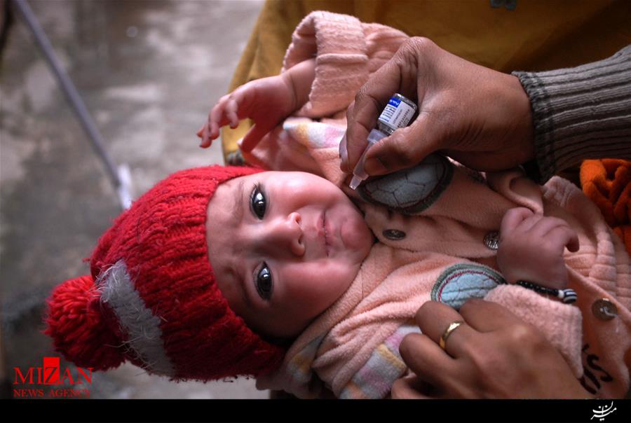 عکس/ نگاه معصومانه کودک پاکستانی هنگام دریافت قطره فلج اطفال