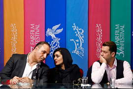 پژمان بازغی ، ساره بیات و حمید فرخ نژاد ، بازیگران، در نشست خبری فیلم سینمایی سمفونی نهم

