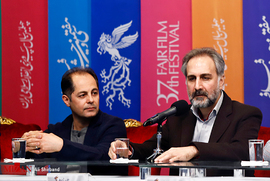 مجید شیخ انصاری، تهیه کننده، و مسعود امینی تیرانی ، مدیر فیلمبرداری، در نشست خبری فیلم سینمایی پالتو شتری
