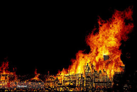 سوزاندن یک ماکت از قرن هفدهم شهر لندن در سیصدو پنجاهمین سالگرد آتش سوزی بزرگ در پایتخت انگلیس